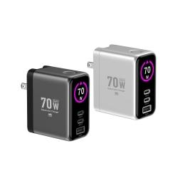 70W多模數顯電源供應器 雙USB-C孔+1A孔 GaN氮化鎵晶片 槍灰色