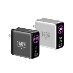140W多模數顯電源供應器 雙USB-C孔+1A孔 GaN氮化鎵晶片 槍灰色