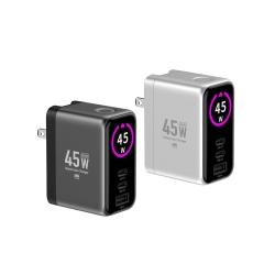 45W多模數顯電源供應器 雙USB-C孔+1A孔 GaN氮化鎵晶片 槍灰色